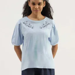 United Colors of Benetton Blue Cotton Embroidered Top-image-14