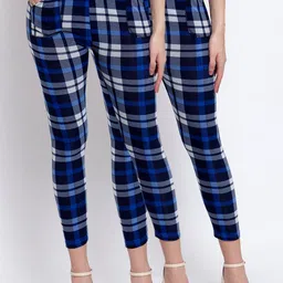 KLOTTHE Women Pack Of 2 Blue & White Checked Ankle-Length Leggings-image-10