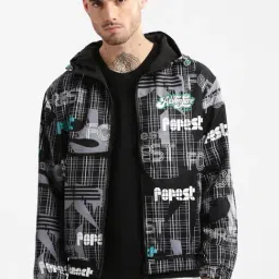 Showoff Black Slim Fit Printed Hooded Jacket-image-5