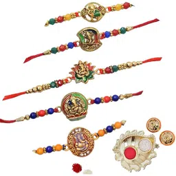 MEIRA JEWELLERY Set Of 5 Religious Designer Rakhis With Greeting Card & Roli Chawal image 2