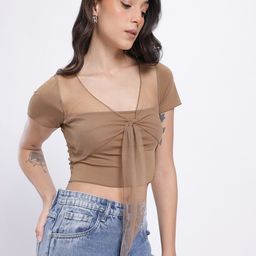 glitchez Tie-Up Detail Square Neck Crop Fitted Top with Net Trim-picture-3