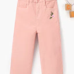 Babyhug Cotton Stretchable Culotte Length Corduroy Pants Flower Embroidery - Pink-picture-13