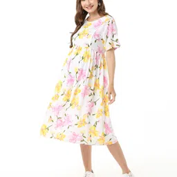 Bella Mama Woven Half Sleeves Maternity Dress With Pocket Big Flower Print - White-picture-13