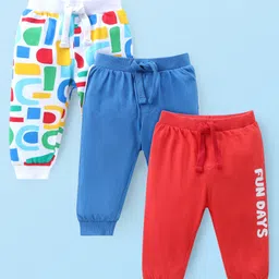 Babyhug Cotton Knit Full Length Lounge Pants With Text Print Pack Of 3 - White Blue & Red-picture-12