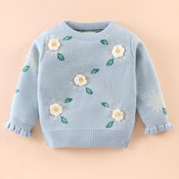 Yellow Apple Cotton Knit Full Sleeves Pullover Sweater with Frill Detailing & Floral Design - Light Blue-picture-36