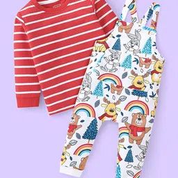 Babyhug Single Jersey Knit Full Sleeves Striped T-Shirt & Full Length Dungaree Set with Animals Print -Red & White-picture-34