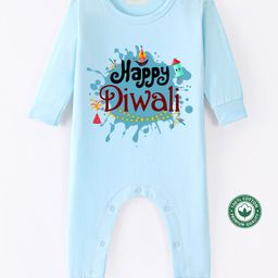 BLUSHES Diwali Theme 100% Cotton Full Sleeves Happy Diwali Text Printed Romper - Blue-picture-33