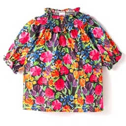 Babyhug Rayon Woven Half Raglan Sleeves Top with Floral Print & Smock Detailing - Black-picture-10