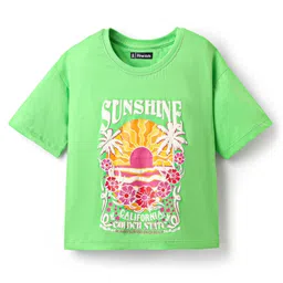 Pine Kids Cotton Knit Half Drop Shoulder Sleeves T-Shirt with Beach Theme Print - Light Green-picture-11