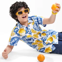 OLLINGTON ST. 100% Cotton Knit Half Sleeves Tropical Print Shirt- Yellow & Blue-image-16