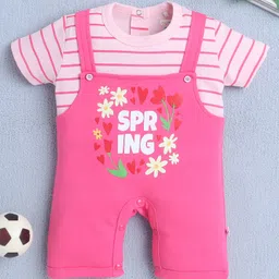 BUMZEE Cotton Knit Half Sleeves Romper with Stripes & Spring Text Print - Pink-image-75