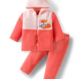 Babyhug Fur Full Sleeves Winter Wear Hooded T-Shirt & Lounge Pant Set With Animal Embroidery - Orange-picture-10