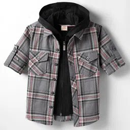 Rikidoos Full Sleeves Checked Shirt With Attached Hooded Tee - Grey & Navy Blue-picture-23