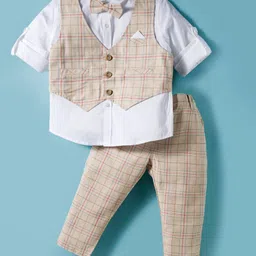 ToffyHouse Cotton Knit Full Sleeves Checks Party Shirt & Trouser Set With Bow - Tan & White-image-45