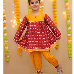 Little Ginnie Cotton Woven Full Sleeves Camel Printed & Gota Lace Embellished Kurti Patiala Set - Maroon-picture-16