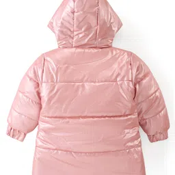 Babyoye Woven Solid Dyed Full Sleeves Front Open Padded Hooded Jacket with Bow & Floral Applique - Peach image 2