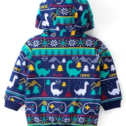Babyhug Cotton Knit Full Sleeves Hooded Front Open Sweatjacket with Dino Print - Navy Blue image 2