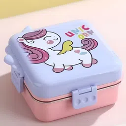 SCHOOLISH Unicorn Lunch Box 2 Layer Stainless Steel Lunch Box Comes with 1 Detachable Tray, 1 Small Container & 1 Spoon Ideal for Kids BPA Free 1120ml- PACK OF 1- COLOR MAY VARY image 2