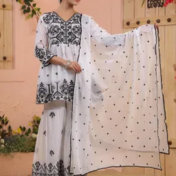 SCAKHI Women White Mulmul Mirror Embroidered Peplum Kurta & Sharara With Dupatta Set image 3
