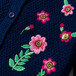 Babyhug Knit Full Sleeves Front Open Sweater with Floral Embroidery - Navy Blue image 3