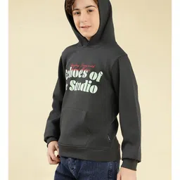 Lil Tomatoes Fleece Knit Full Sleeves Echoes Of The Studio Text Printed Hooded Winter Sweatshirt - Charcoal image 5