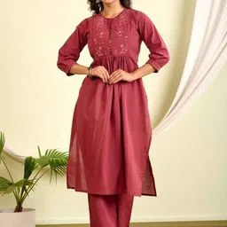 Online selling Floral Embroidered Empire Thread Work Pure Cotton Kurta With Trousers-picture-42