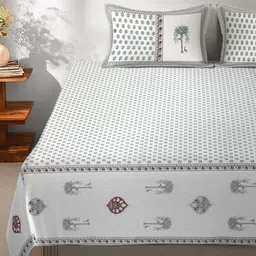Rajasthan Decor White Printed Pure Cotton 210 TC Super King Bedsheet Set 2.7 m x 2.7 m image 3