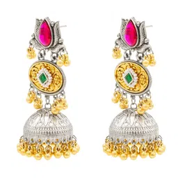 Shining Jewel - By Shivansh Gold-Plated CZ Pearls Studded & Ghungroo Beaded Jhumkas image 3
