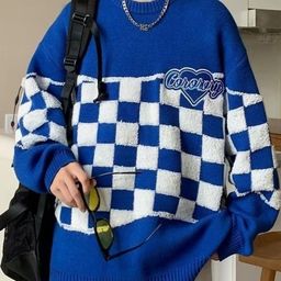 KPOP Men Round Neck Long Sleeves Checked Pullover-picture-41