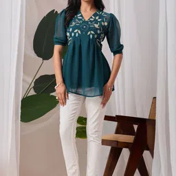 HEMANG FASHION Women Teal Georgette Floral Embroidered Top-picture-32