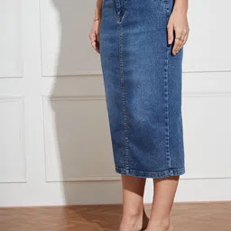 Miss Chase High Rise Stretchable A-Line Midi Denim Skirt image 3