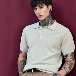 Snitch Bordeaux Beige Textured Relaxed Fit Polo T-Shirt-picture-13