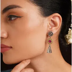 JAYPORE Artificial Stones Studded Floral Shaped Oxidised Drop Earrings image 2