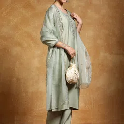 Varanga Floral Yoke Design Sequinned Straight Kurta With Trousers And Dupatta image 3