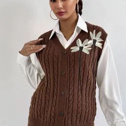 Blooming Tales Women Solid Cable Knit V-Neck Sleeveless Regular Cardigan-image-13
