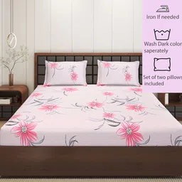 Status Pink & Green Floral Microfiber 210 TC Fitted Double Queen Bedsheet Set-1.98mx1.82m image 2