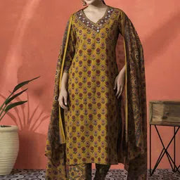 Sangria Floral Printed V-Neck Beaded Pure Cotton Straight Kurta With Trouser And Dupatta-image-71