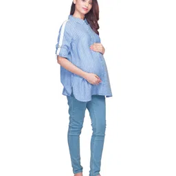Kriti Three Fourth Sleeves Striped Maternity Tunic - Light Blue image 2