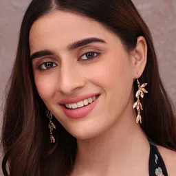 ToniQ Gold-Plated Crystals Studded Leaf Shaped Drop Earrings image 4