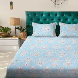 Aura Blue & White Ethnic Motifs Printed Fitted 300 TC King Bedsheet With 2 Pillow Cover image 3
