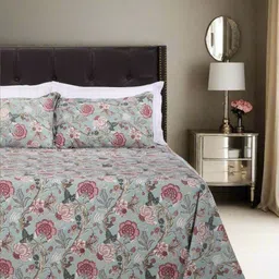 SHAHENAZ Maroon & Blue Floral 120 TC Queen Bedsheet with 2 Pillow Covers-picture-12