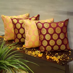 RoyalDeco Coral & Beige 4 Pieces Ethnic Motifs Brocade Square Cushion Covers-picture-10