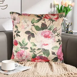 Tesmare Beige & Multicoloured Set of 2 Floral Velvet Square Cushion Covers image 3