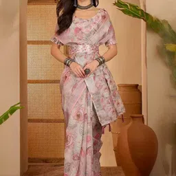 HERE&NOW Floral Zari Linen Blend Handloom Saree-picture-34