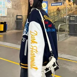 KPOP Women Typography Colourblocked Varsity Jacket with Embroidered-picture-15