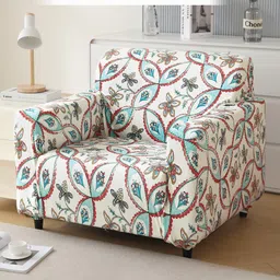 HOKIPO Beige & Blue Floral Printed Velvet 1 Seater Sofa Cover With Arms-picture-11