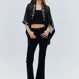 COVER STORY Women Shawl Collar Floral Embroidered Open Front Jacket image 3