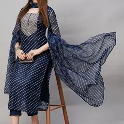 BAESD Women Striped Kurta with Trousers & With Dupatta image 3