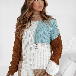 Errabelly Women Colourblocked Open Knit Mock Collar Pullover-image-26