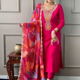 LIVIX Women Ethnic Motifs Embroidered Regular Thread Work Kurta with Trousers & With Dupatta-picture-15